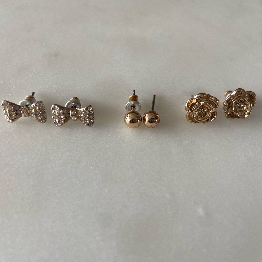3 stud earrings - rose, rhinestone bow, round ball